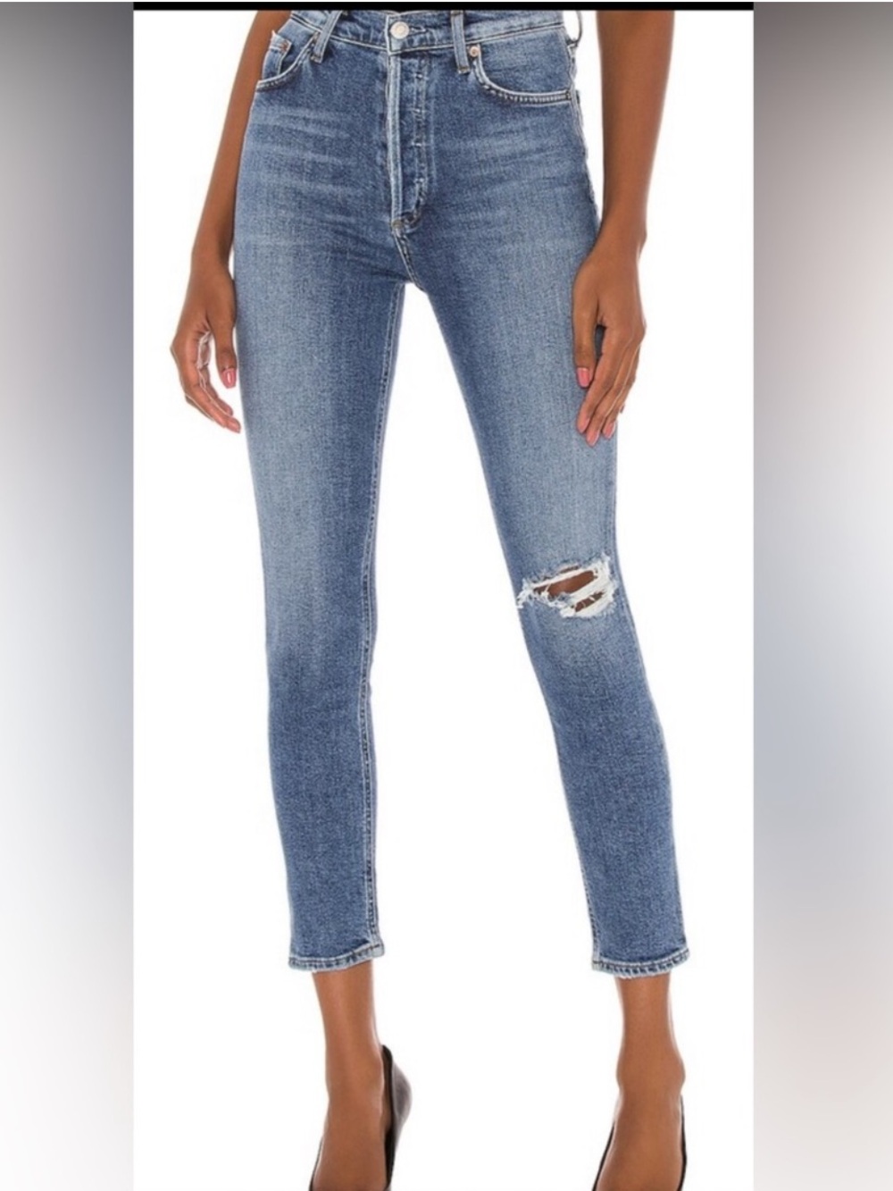 Agolde High-Rise Slim Jeans Nico in Shoreline Blue with Knee Rip SZ 31